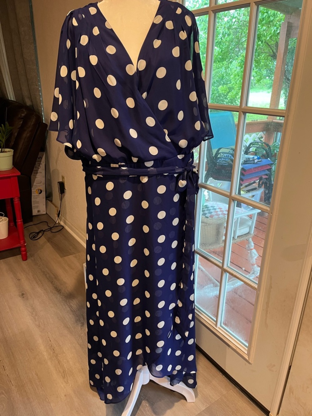Jessica Simpson Navy and White Polka Dot Wrap-Style Maxi